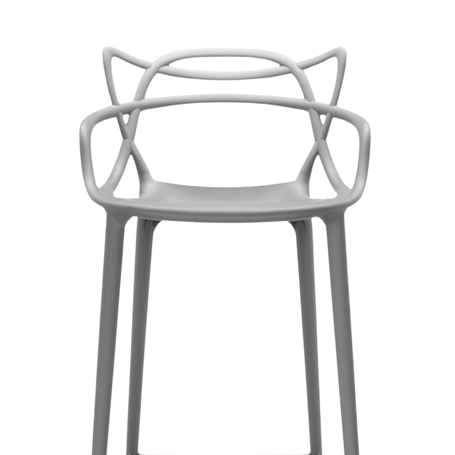 A close-up front view of the grey Replica Masters Bar Stool, highlighting the detailed design of the backrest.