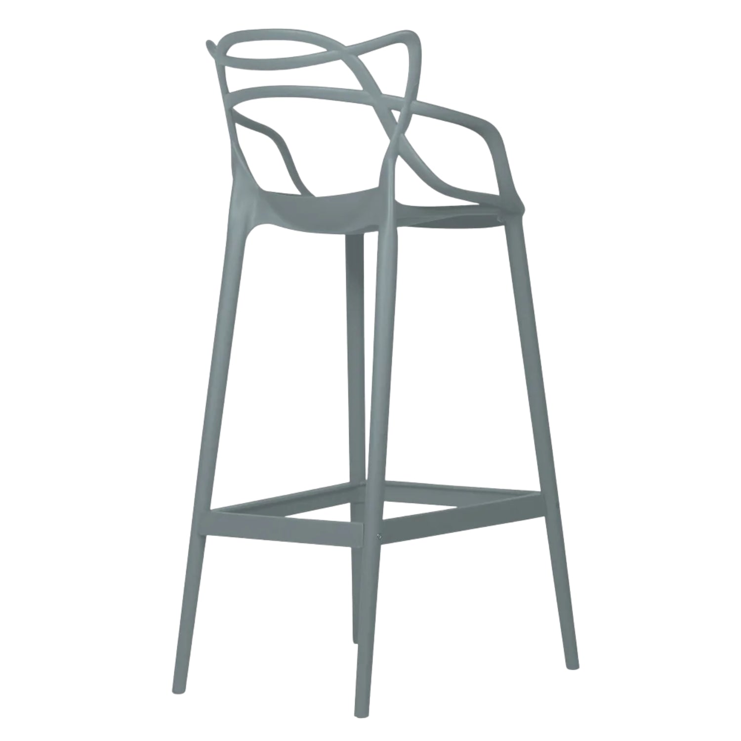 Front-side view of the grey Replica Masters Bar Stool, emphasizing its graceful curves and silhouette.