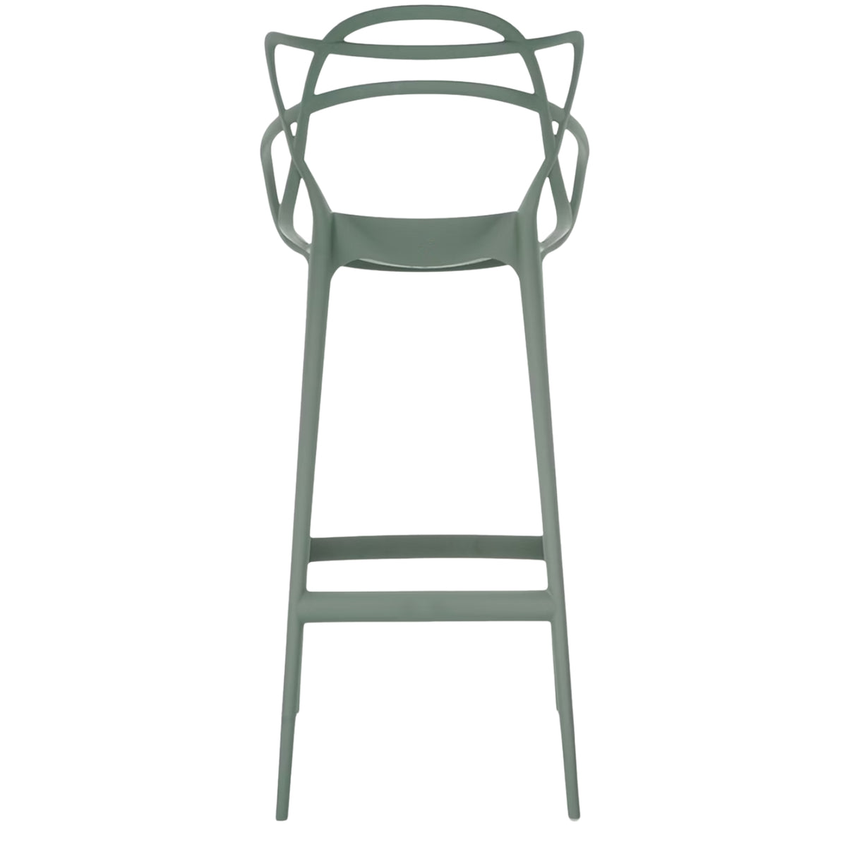 A back view of the sage green Replica Masters Bar Stool, focused on the distinct, interwoven pattern of the backrest.