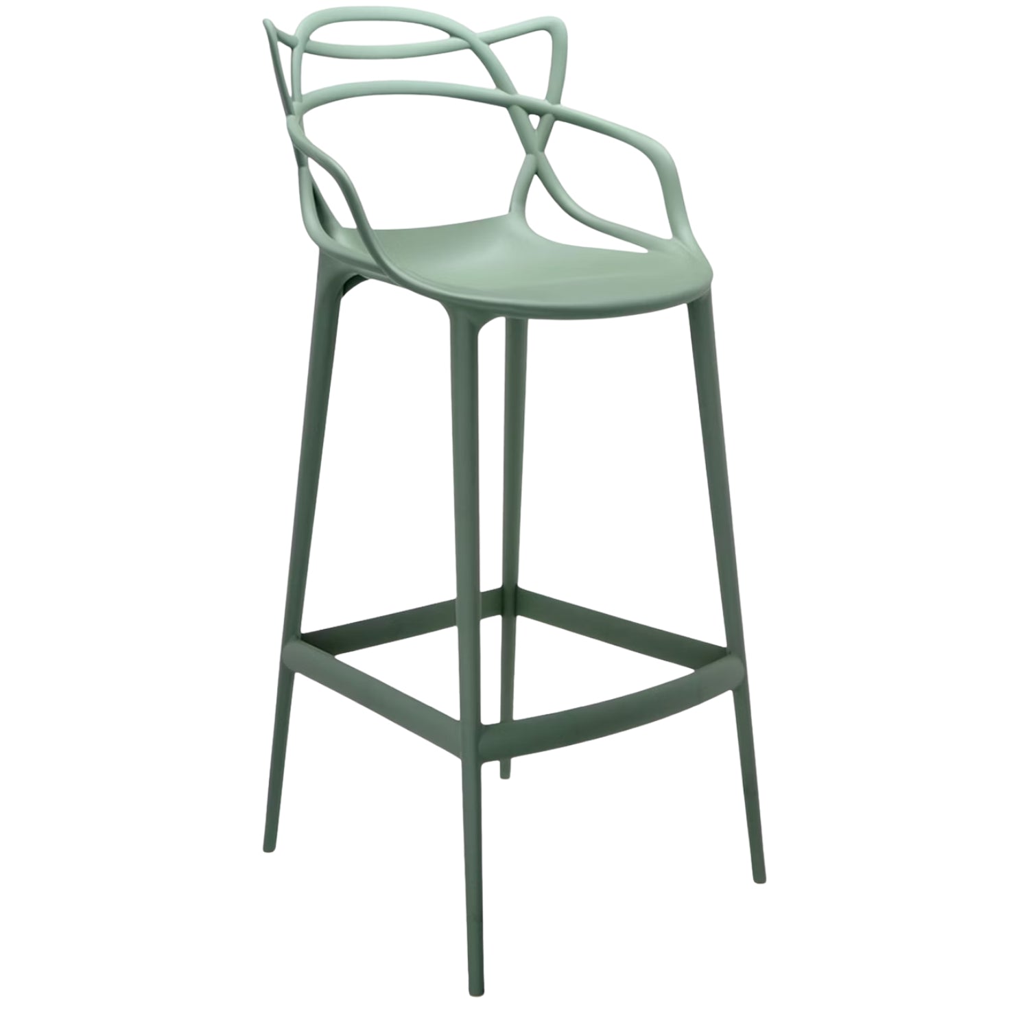 Replica Masters Bar Stool in sage green, front-side view, highlighting its iconic silhouette.