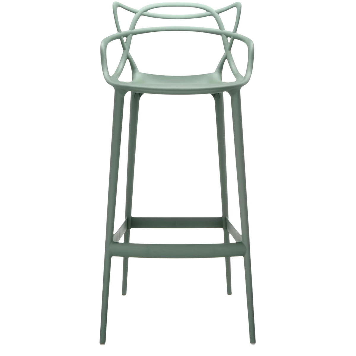 A full front view of the sage green Replica Masters Bar Stool, showing its elegant and clean lines.