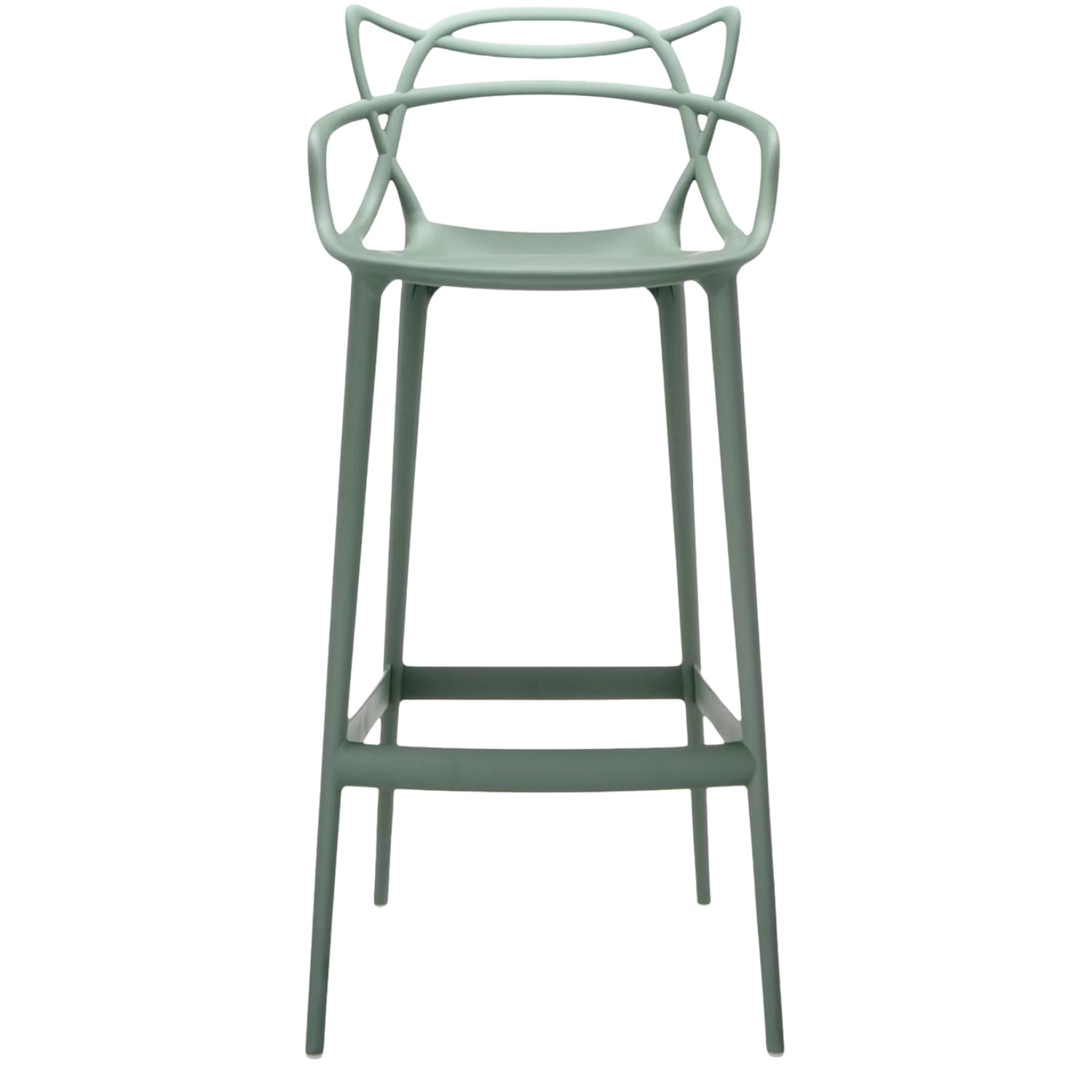 A full front view of the sage green Replica Masters Bar Stool, showing its elegant and clean lines.