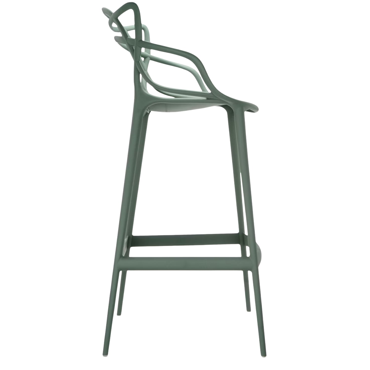 Side profile of the sage green Replica Masters Bar Stool, emphasizing its unique shape and contours.