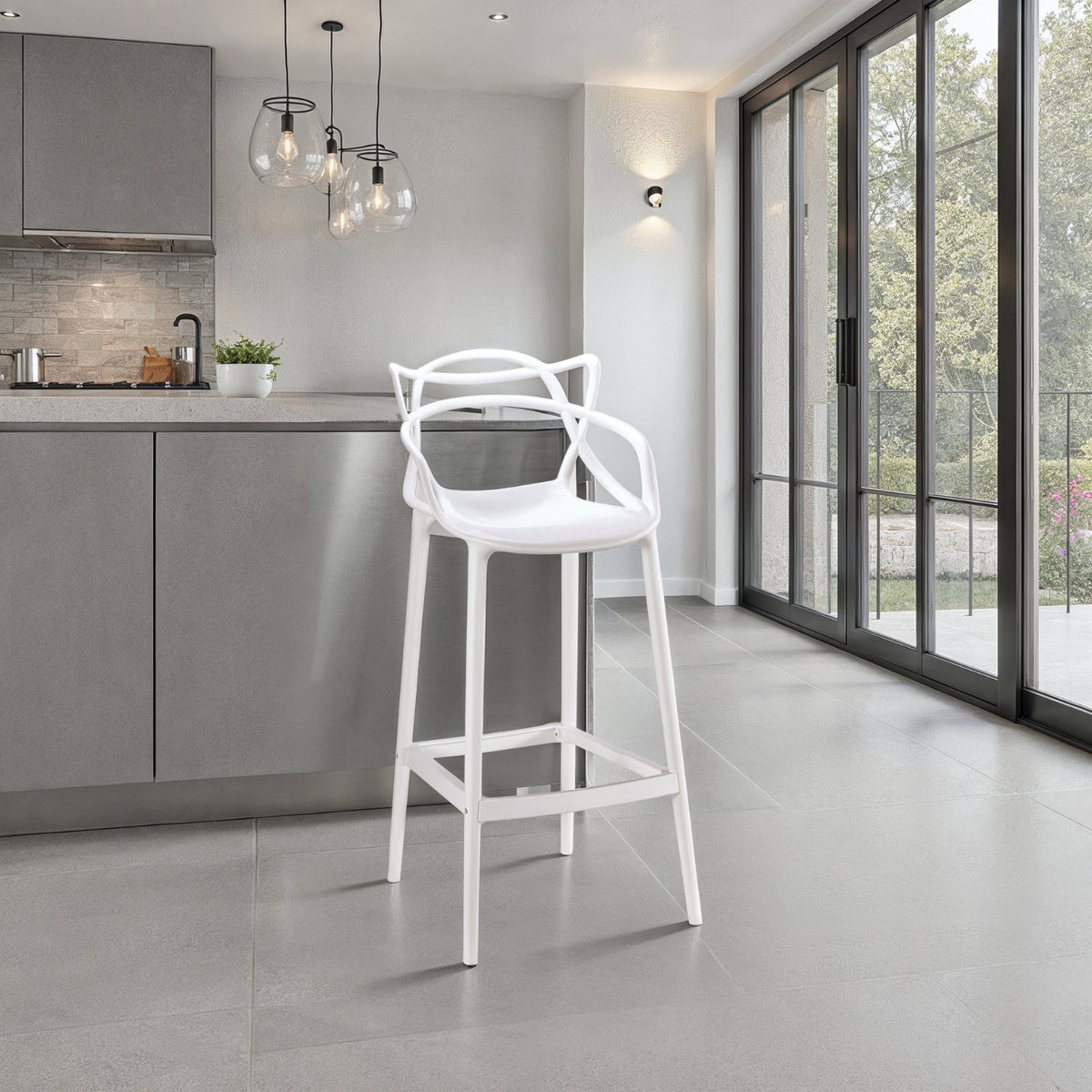White Replica Masters Bar Stool in a modern kitchen setting.