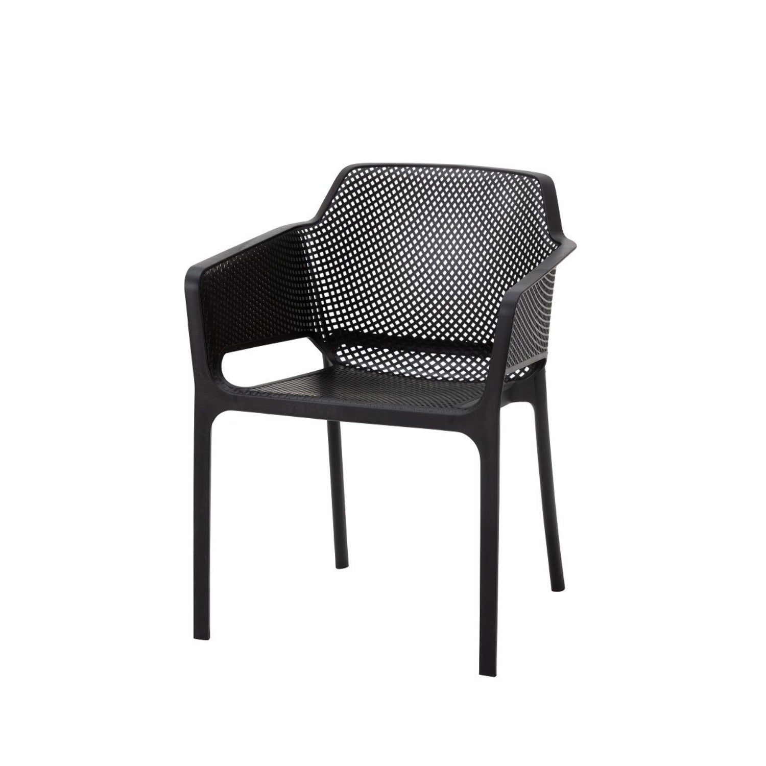 Angled front view of a black Replica Net Armchair, showing the wide, comfortable seat and backrest.