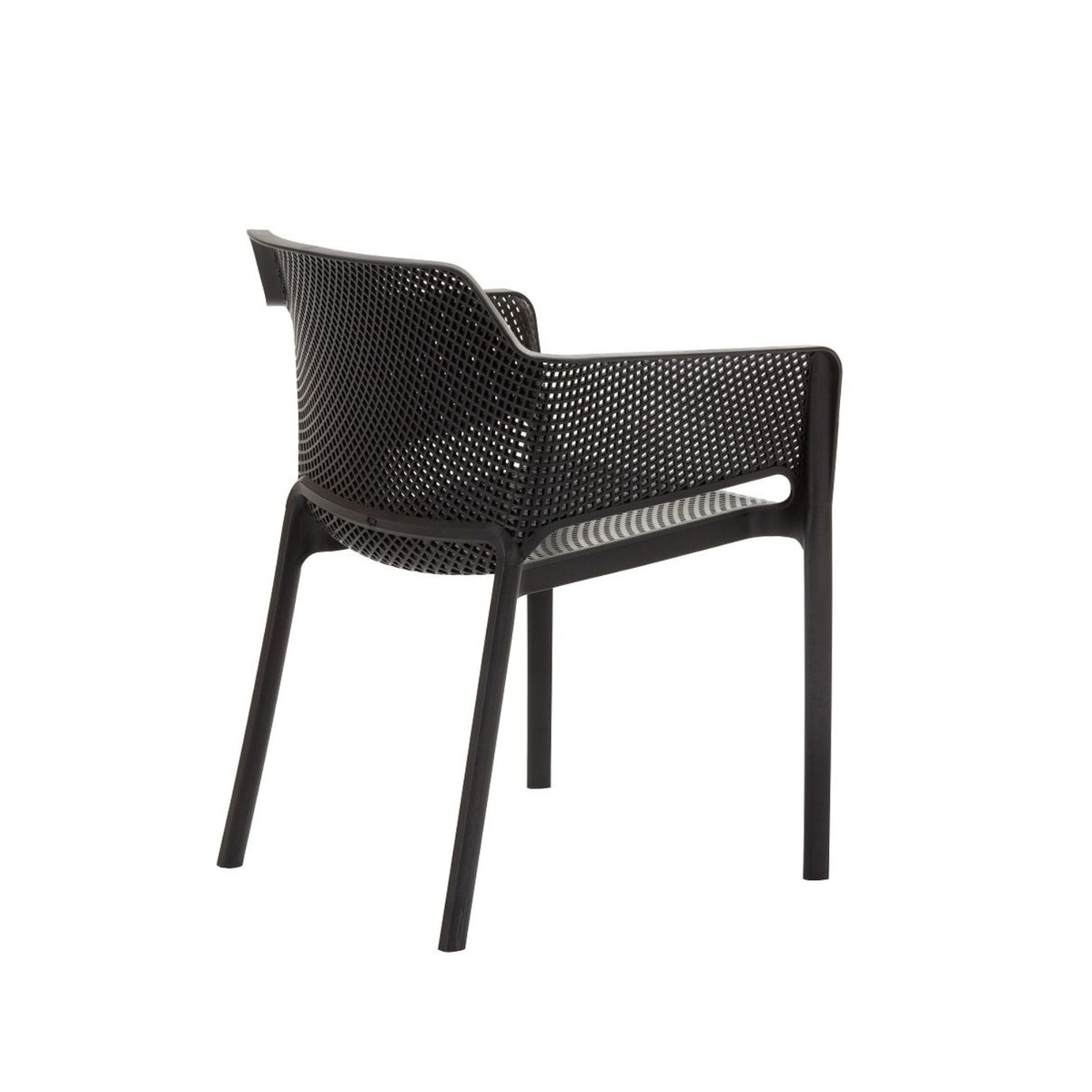 Back angled view of a black Replica Net Armchair, emphasizing its sleek, durable molded polypropylene structure.