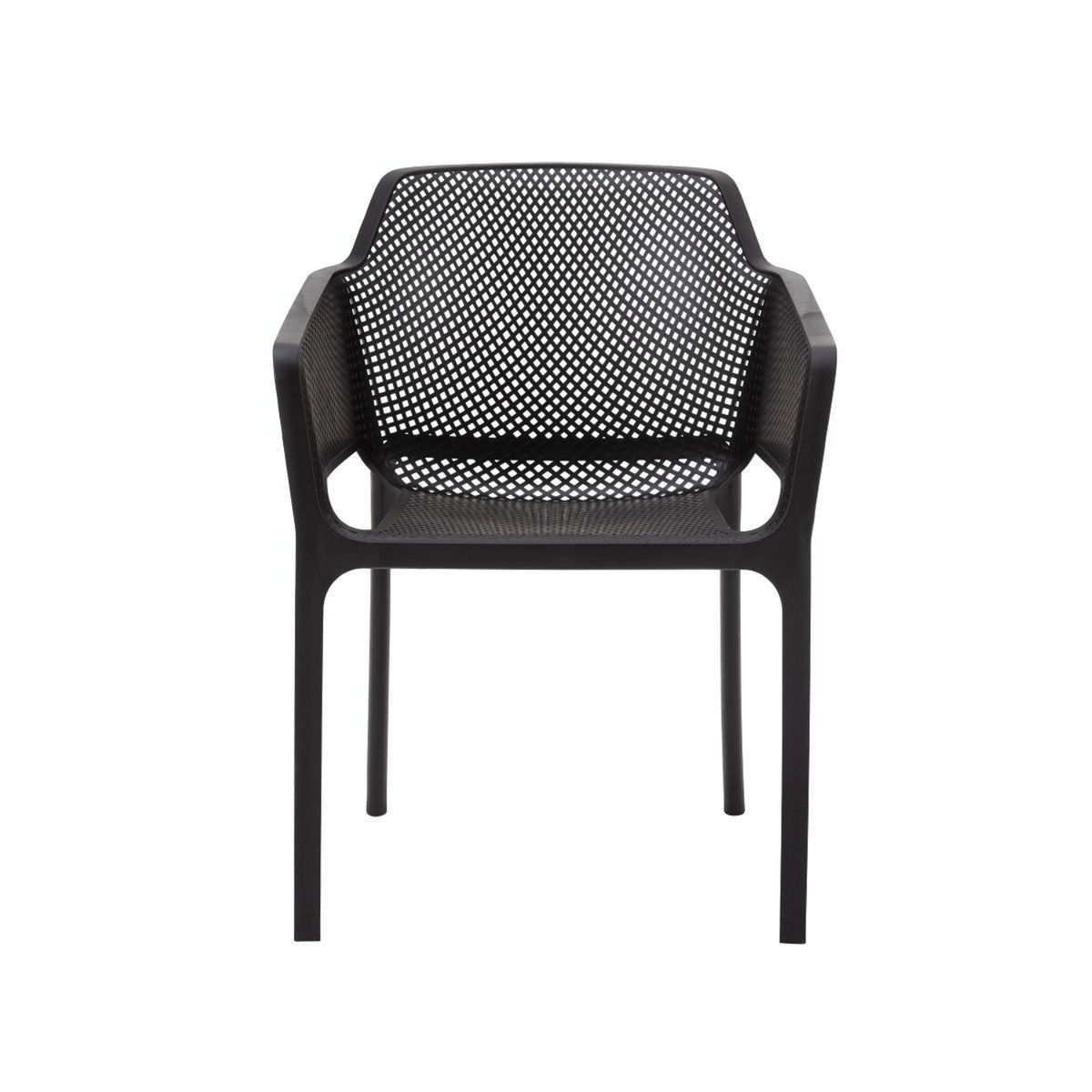 Front view of a black Replica Net Armchair on a white background, highlighting its modern perforated design.