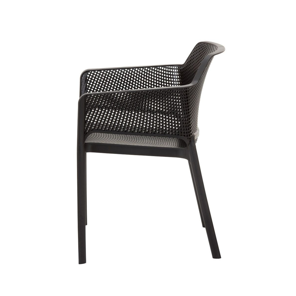 Side profile of a black Replica Net Armchair, showcasing its ergonomic shape and clean lines.