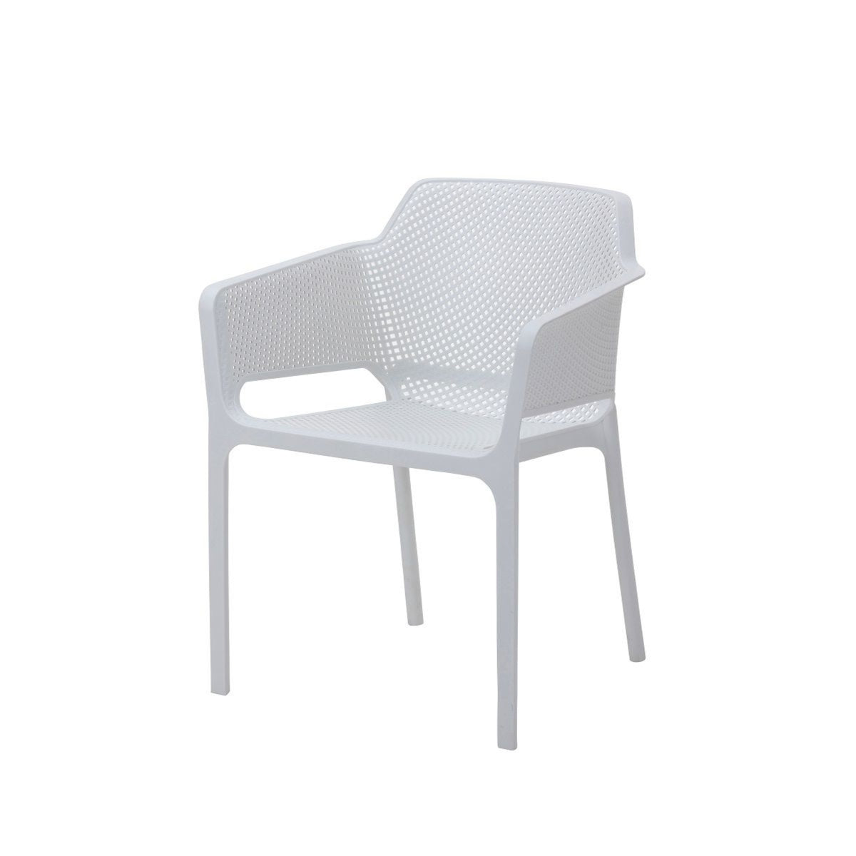 Angled front view of a white Replica Net Armchair, highlighting the broad seat and armrests.