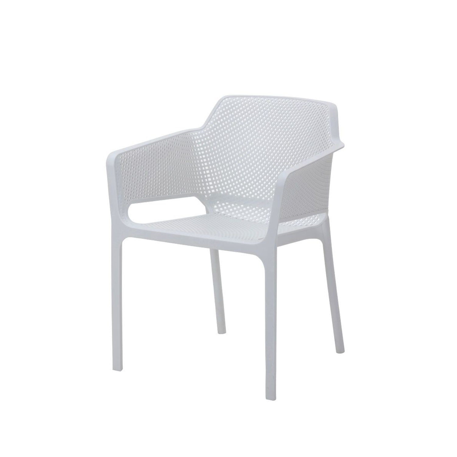 Angled front view of a white Replica Net Armchair, highlighting the broad seat and armrests.