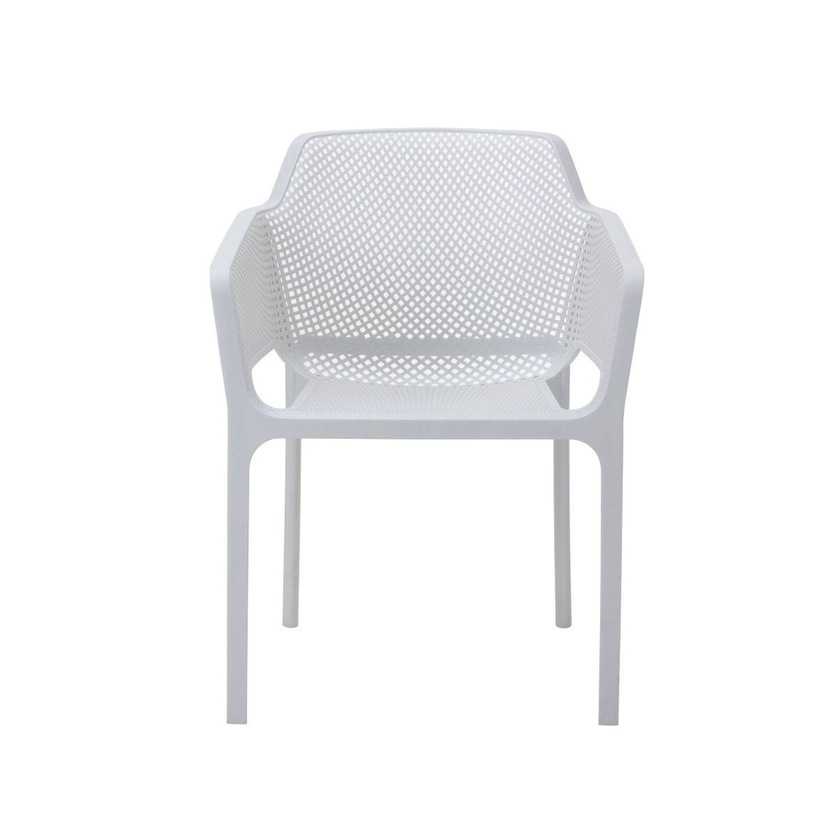 Front view of a white Replica Net Armchair, showcasing its perforated design and sturdy structure.