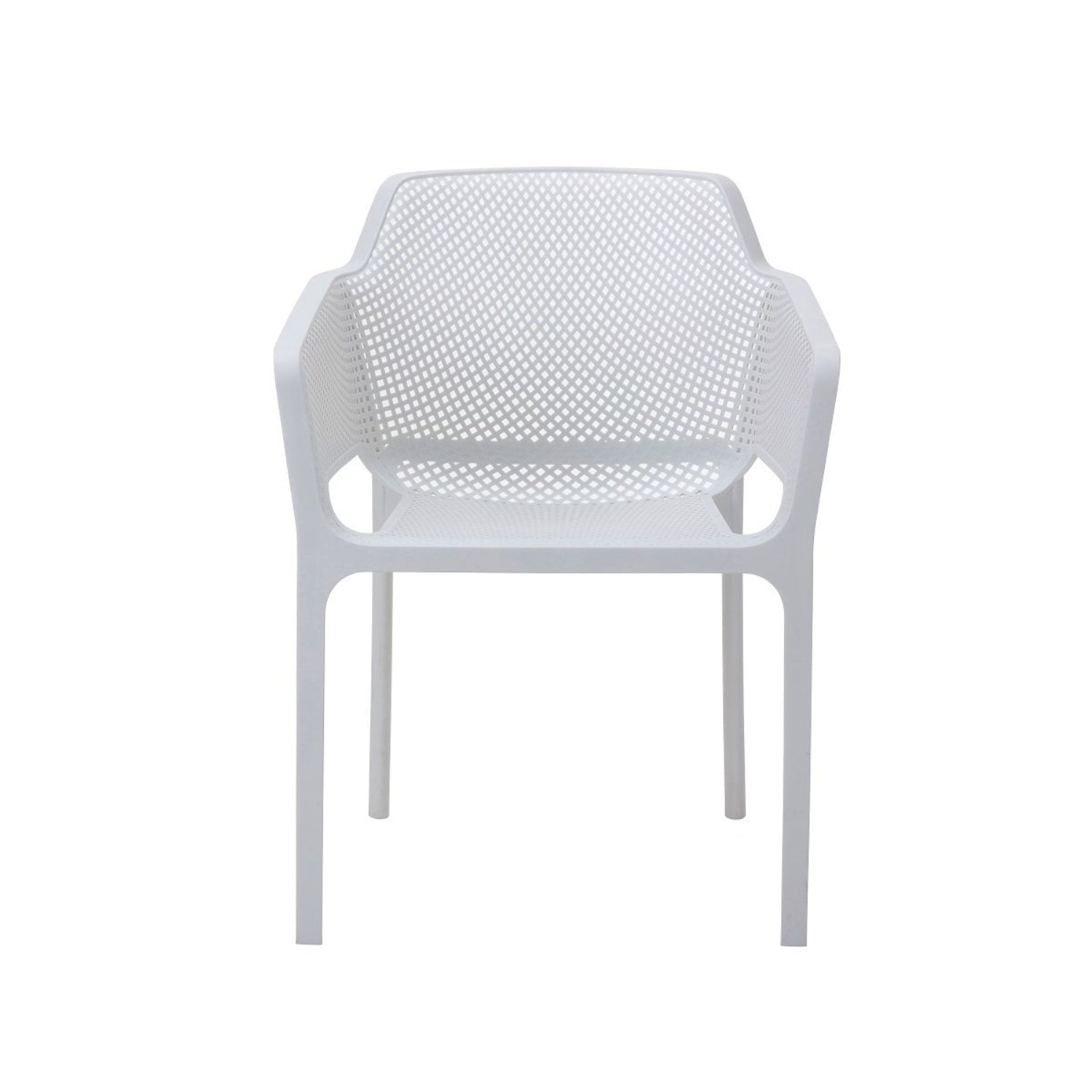 Front view of a white Replica Net Armchair, showcasing its perforated design and sturdy structure.
