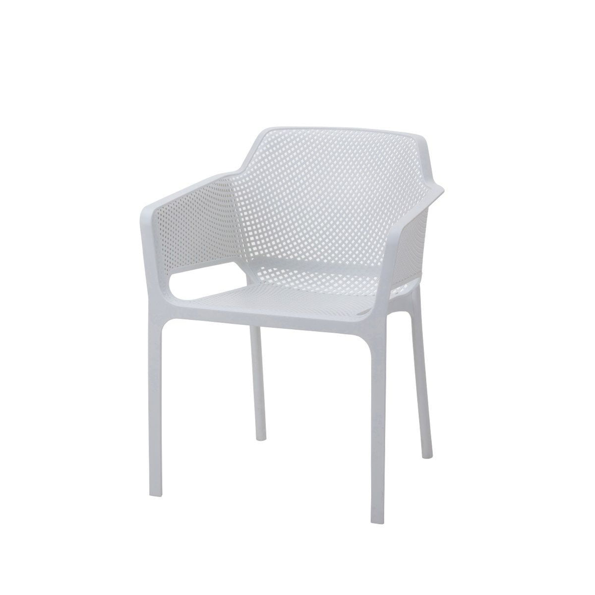 White Replica Net Armchair from a slight angle, emphasizing the comfortable and modern design.