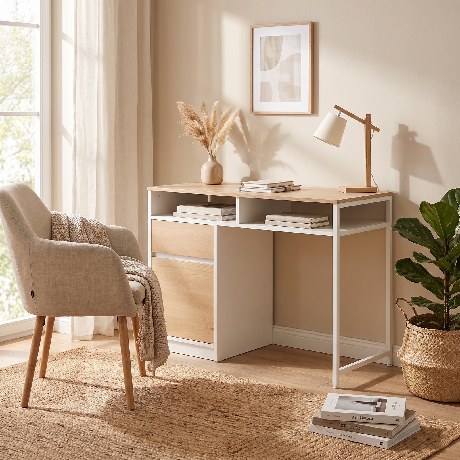 A modern writing desk with a light wood top and white frame, styled in a bright, neutral-toned home office next to a matching armchair and a potted plant.