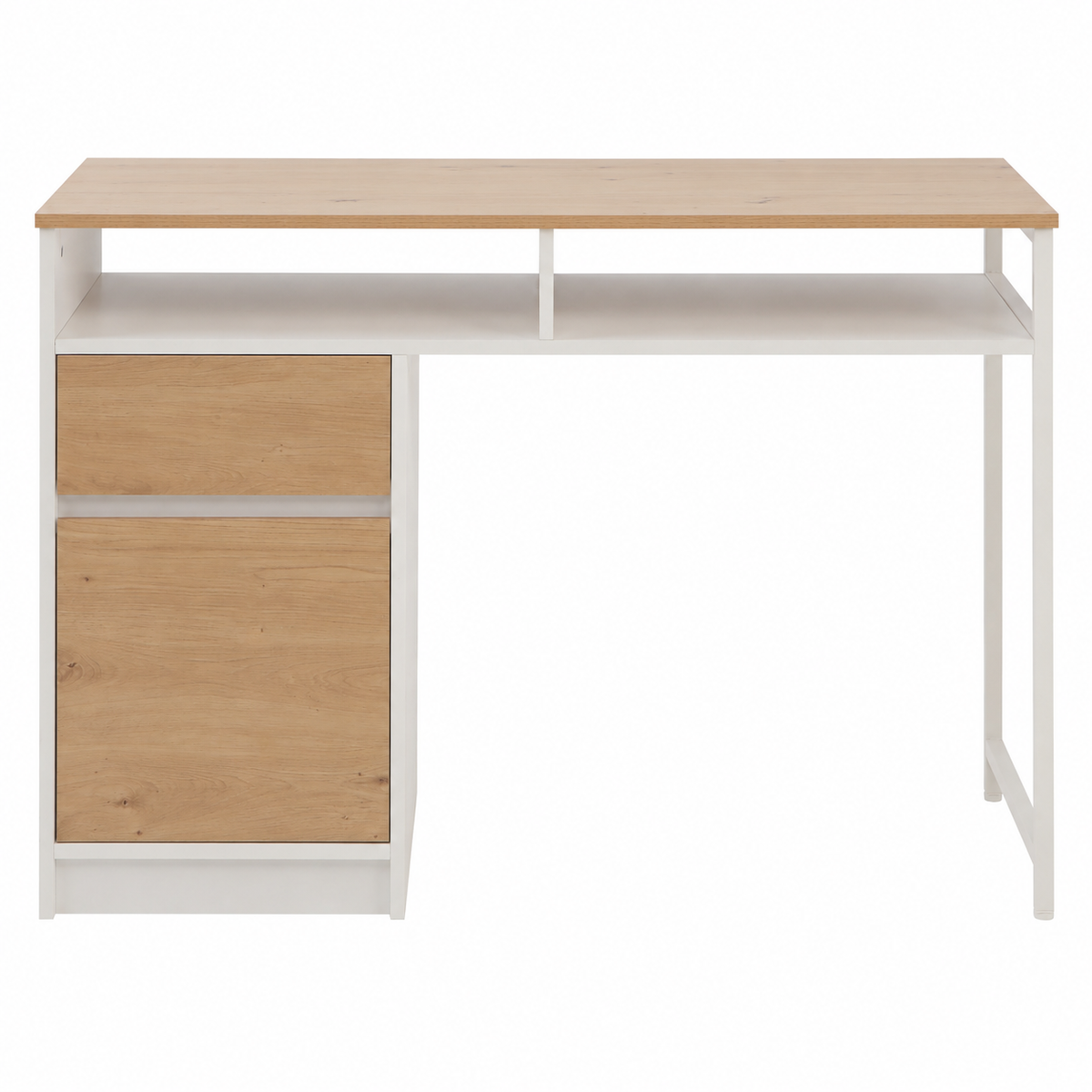 A modern writing desk with a light oak wood top and drawer fronts, paired with a white metal frame and open shelf.