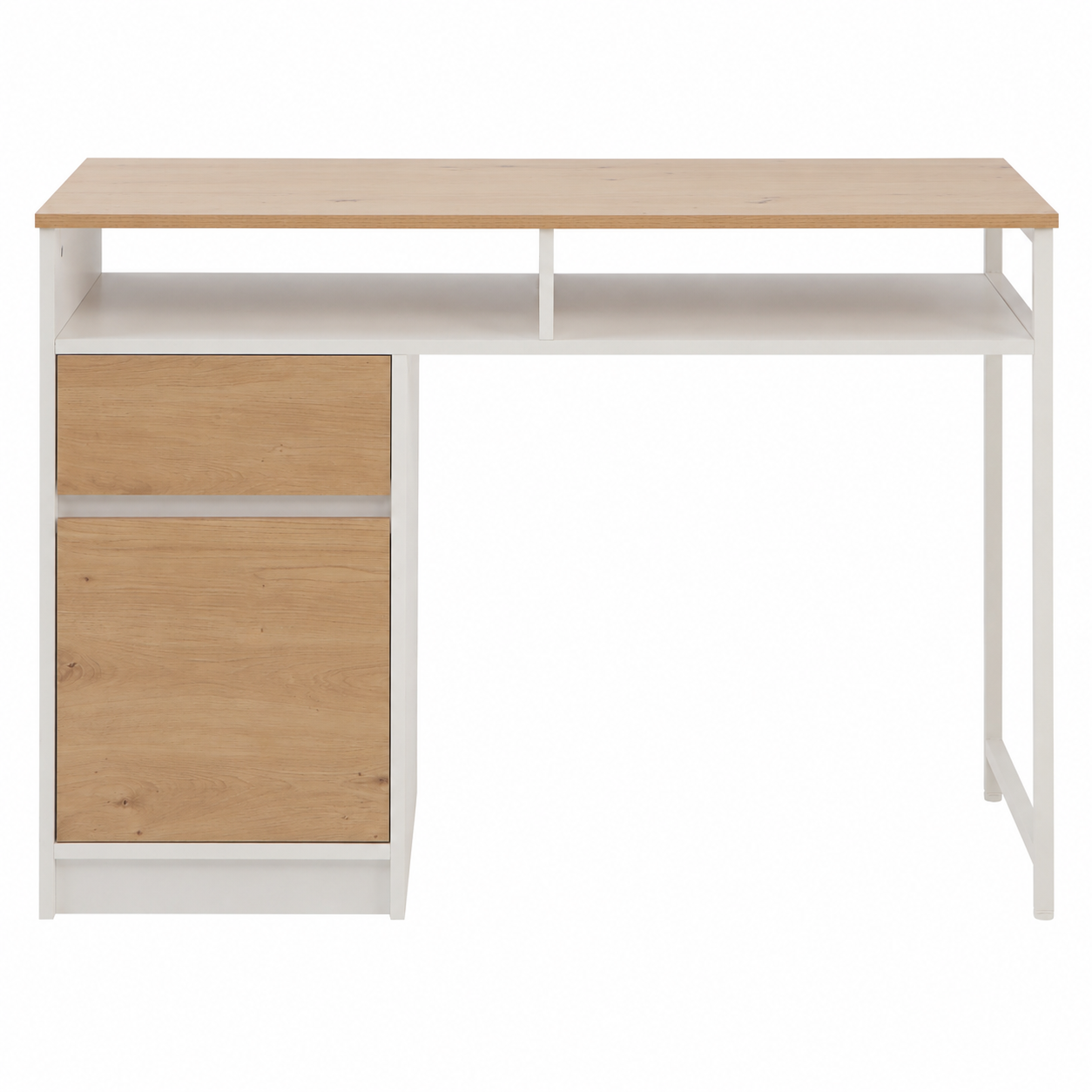 A modern writing desk with a light oak wood top and drawer fronts, paired with a white metal frame and open shelf.