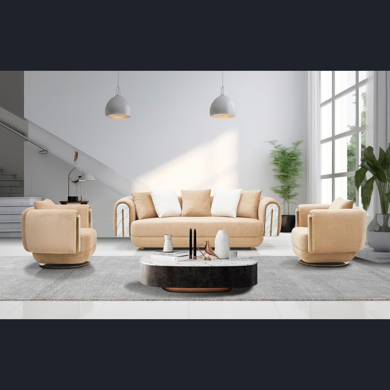 Sonika Sofa & Swivel Armchair Set – Sand Brown