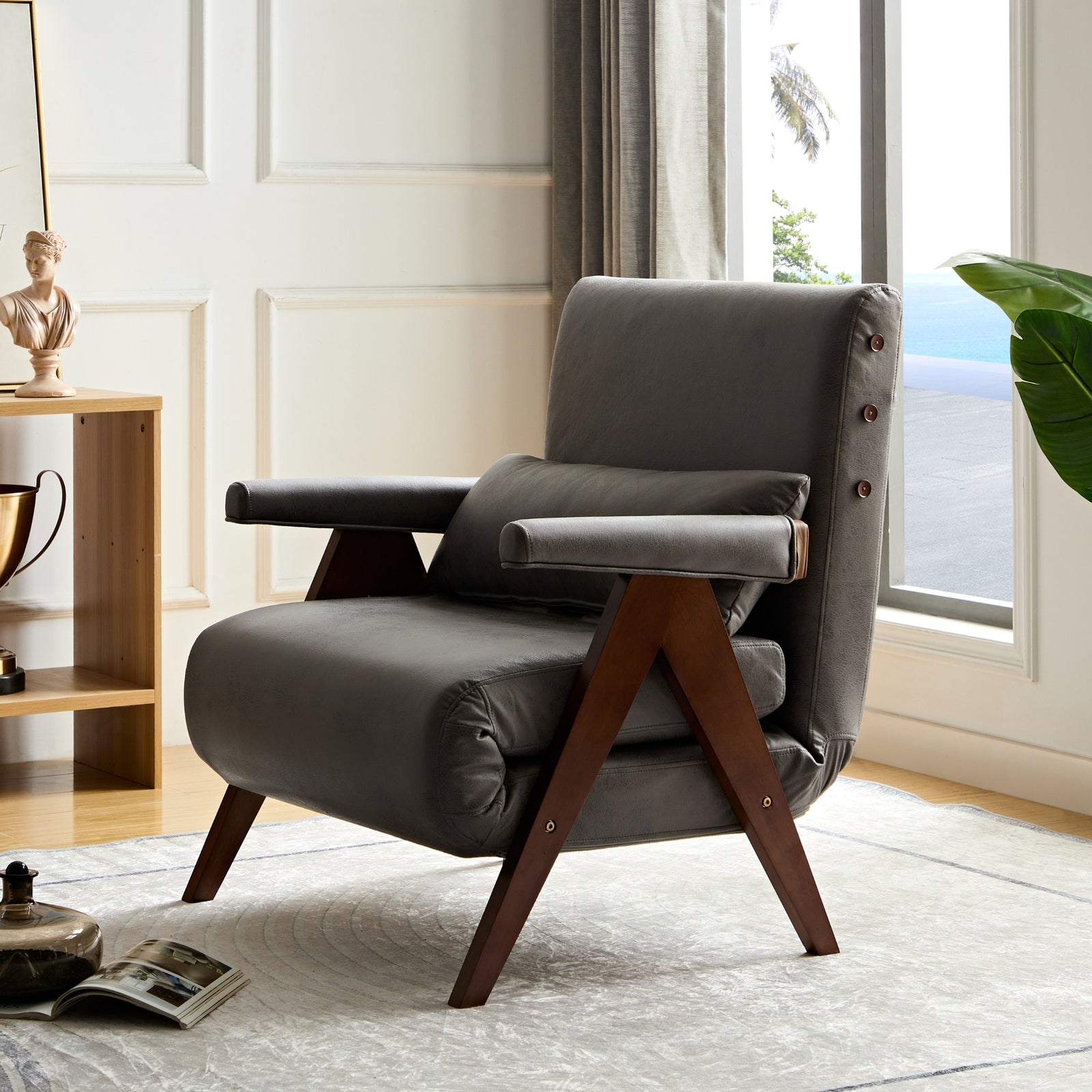 Stylish gray chair and wooden table - Ariton Tri-Fold Sleeper Convertible Chair with Pillow, made of solid wood.