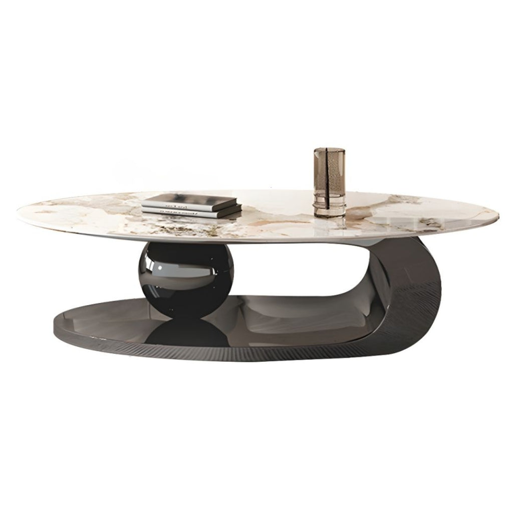 The Cavalleto Black Coffee Table showcases a marble top with a black ball underneath it.