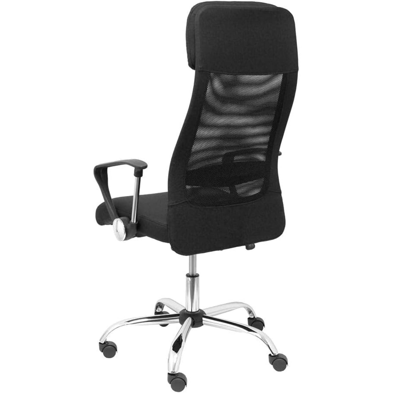 the clio office chair showcases a black mesh back and chrome legs.