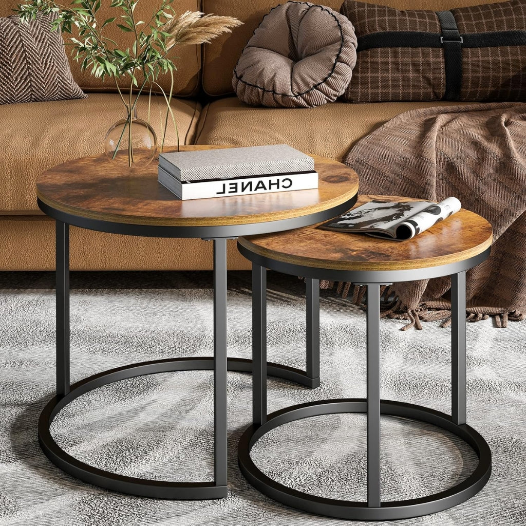 two-round-tables-with-metal-legs-and-wooden-tops-suitable-for-a-modern-or-industrialstyle-setting