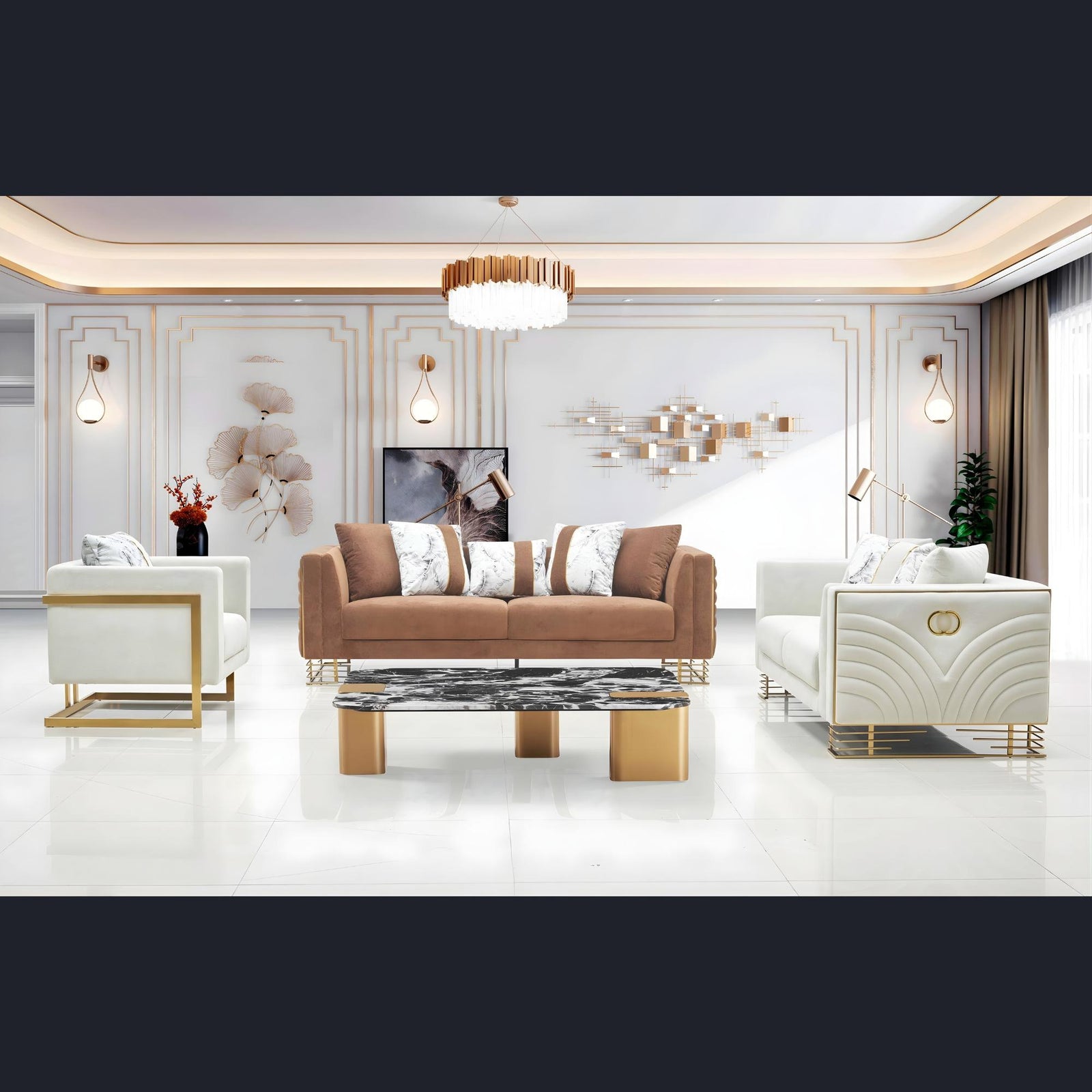 Valente Sofa Set – Coffee & Ivory Gold Trim