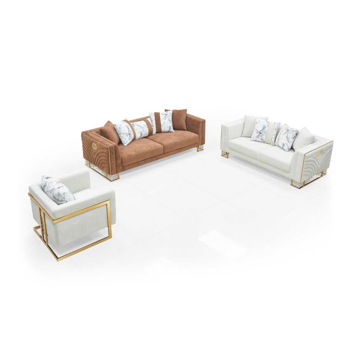 Valente Sofa Set – Coffee & Ivory Gold Trim