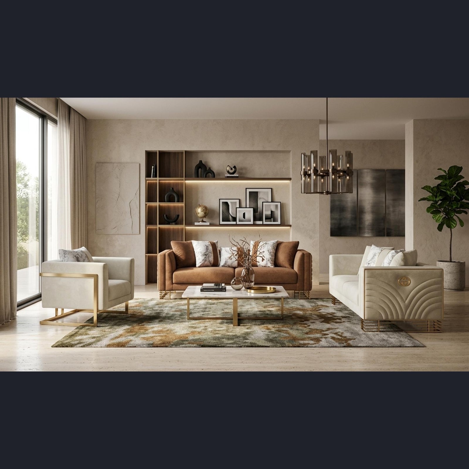 Valente Sofa Set – Coffee & Ivory Gold Trim