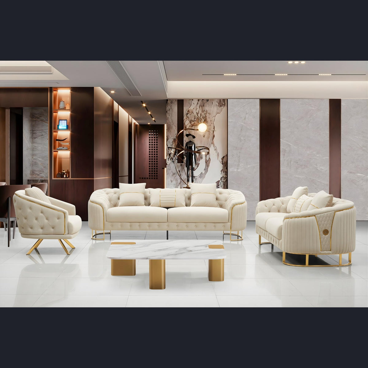 Valorie Sofa Set – Beige Chesterfield Tufted