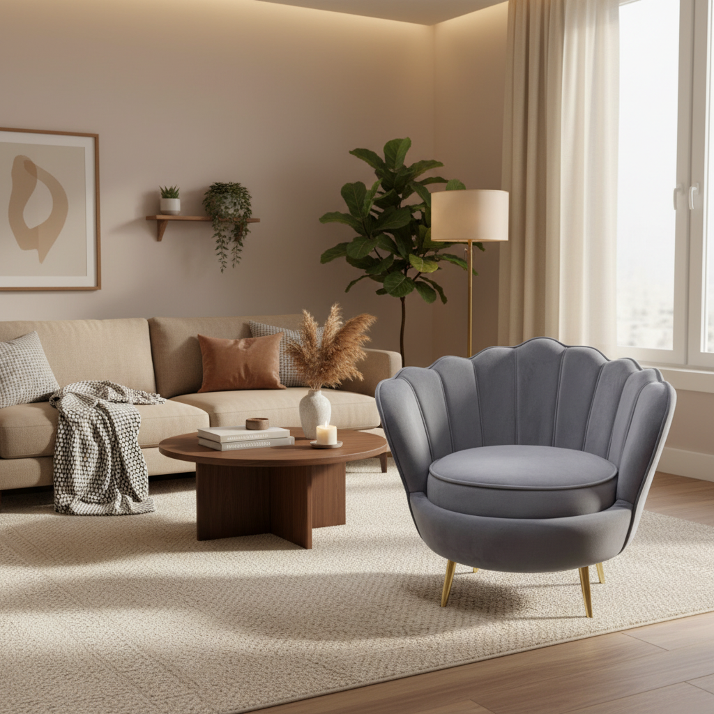 Modern living room with a gray armchair, beige sofa, and wooden coffee table.