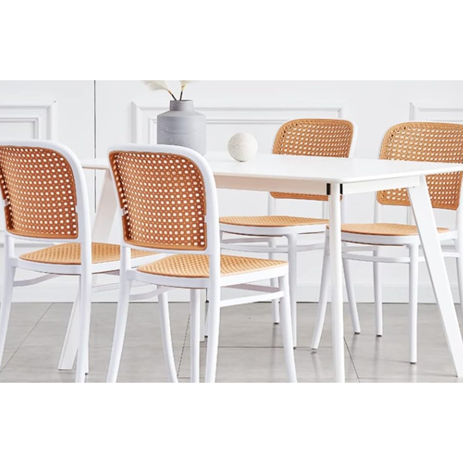 villa nova rattan weave plastic chair white dining setup
