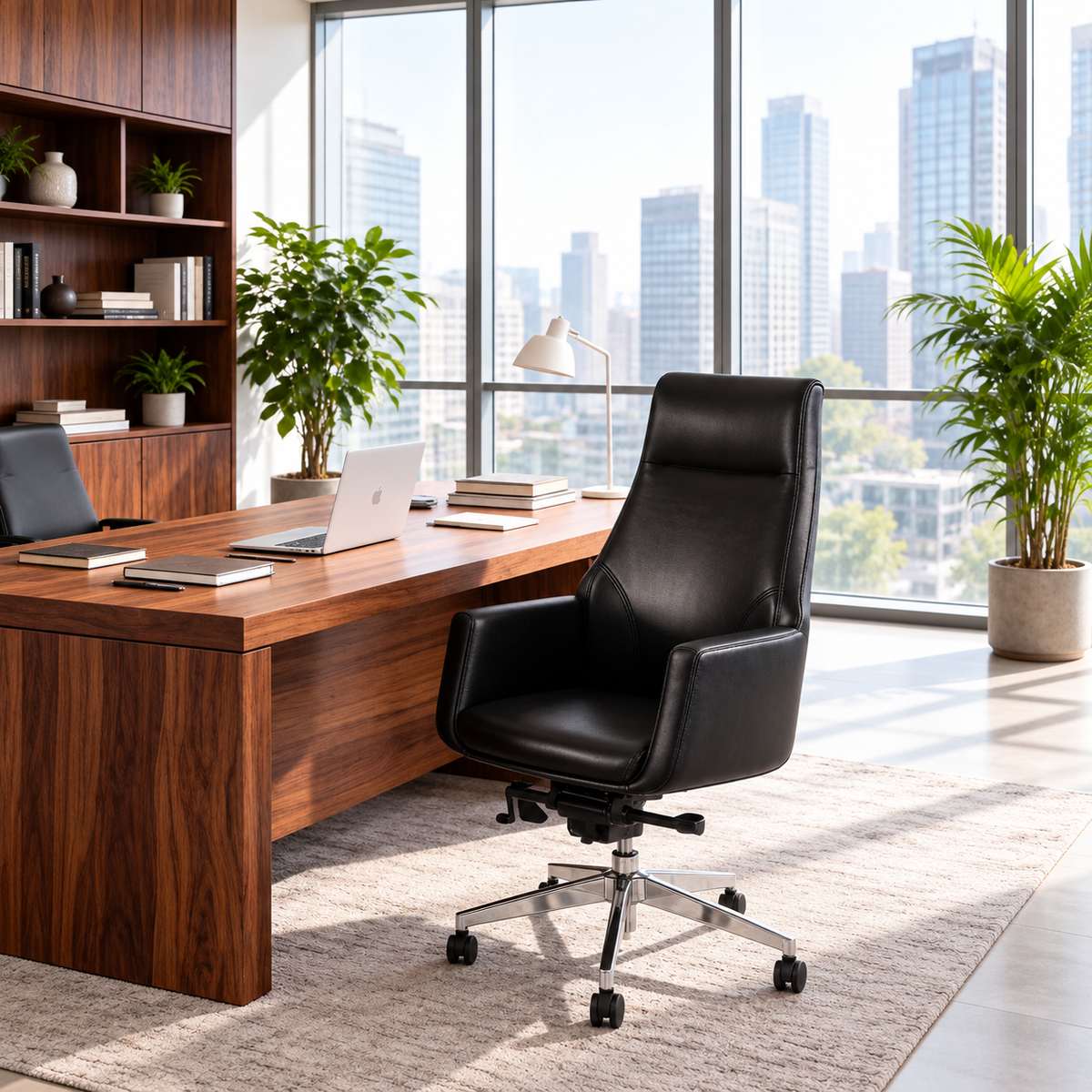 Winston Porter black executive office chair beside a walnut desk in a sunlit office with city views.