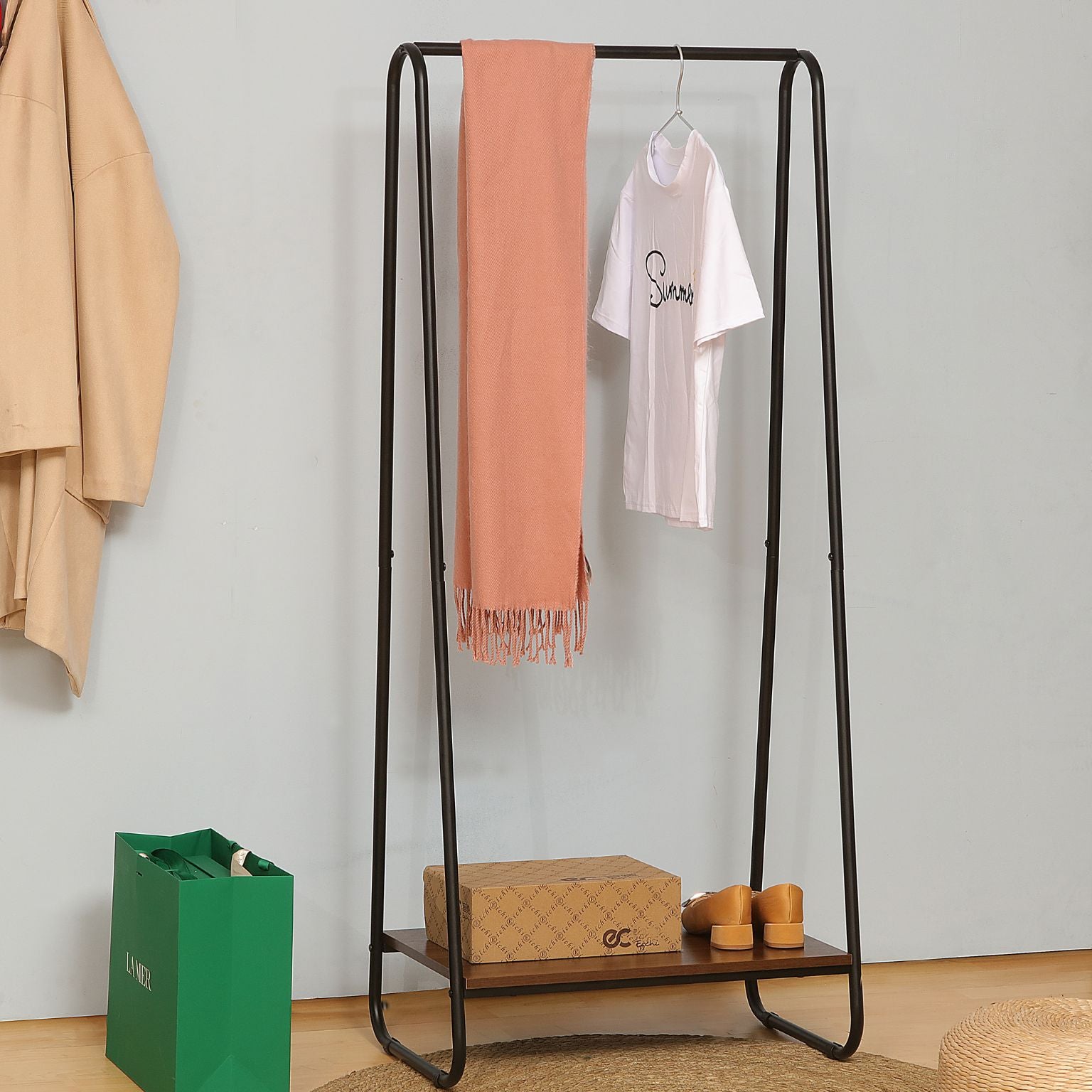 clothes hanging rack and bottom shelf
