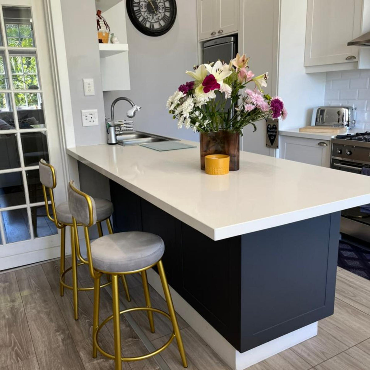 eva kitchen stools gold leg velvet top kitchen lifestyle