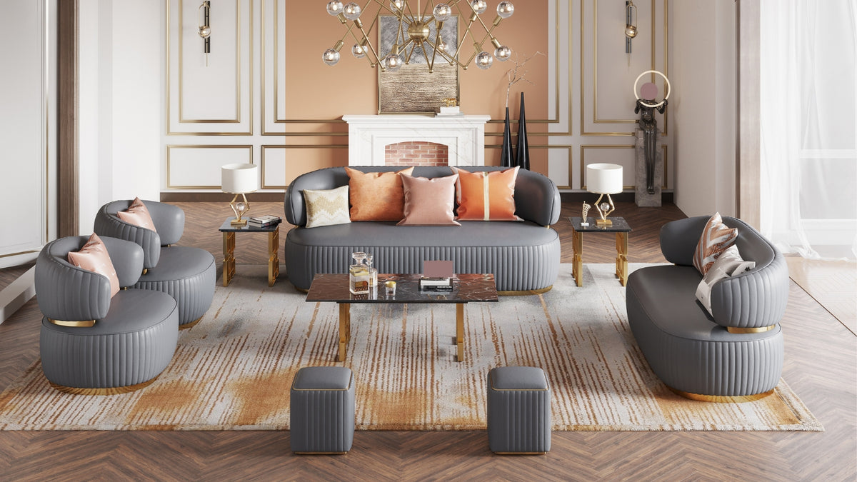 fiora sofa couch armchair footstool set full leather dark grey