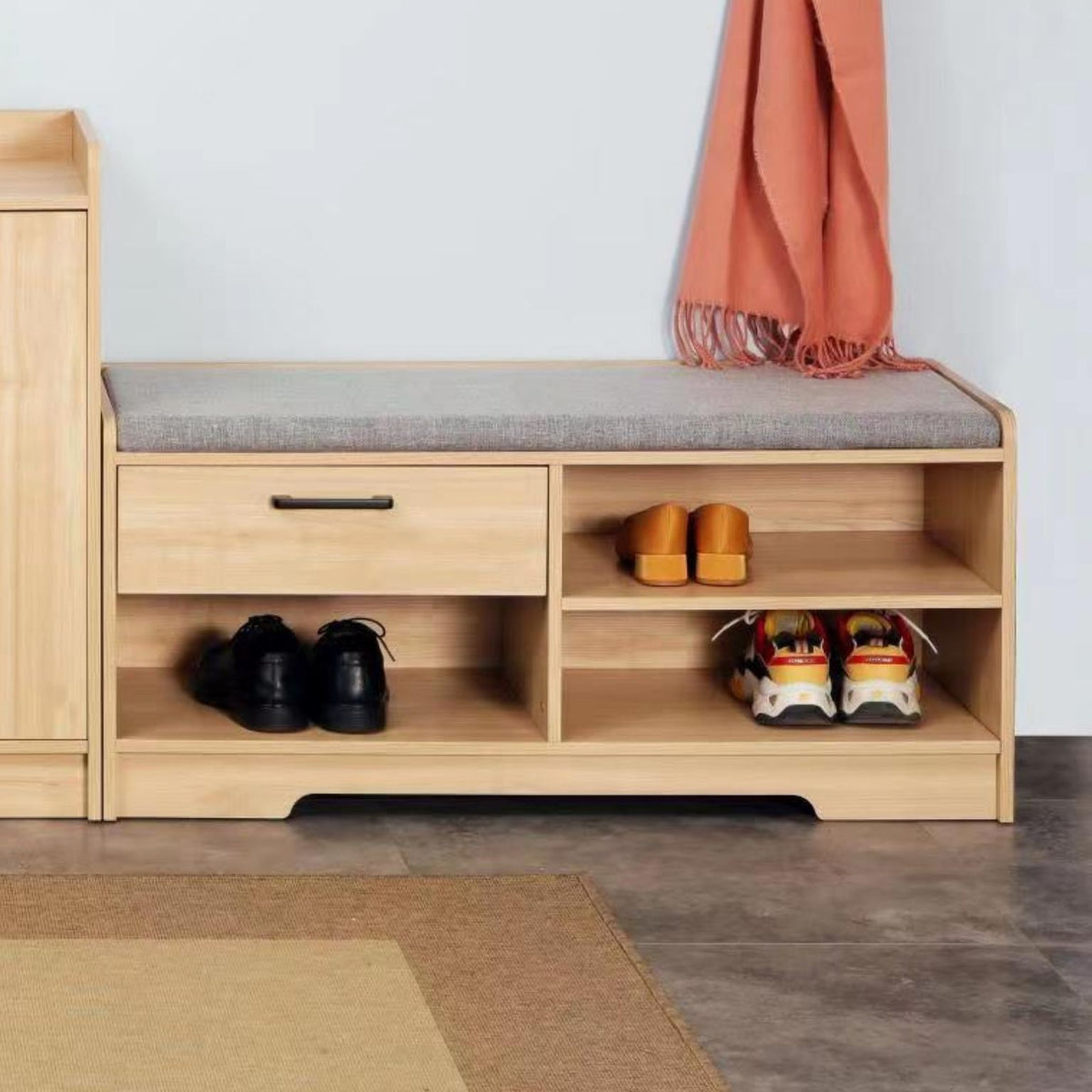 maha shoe storage bench cream drawer and shelves home setting