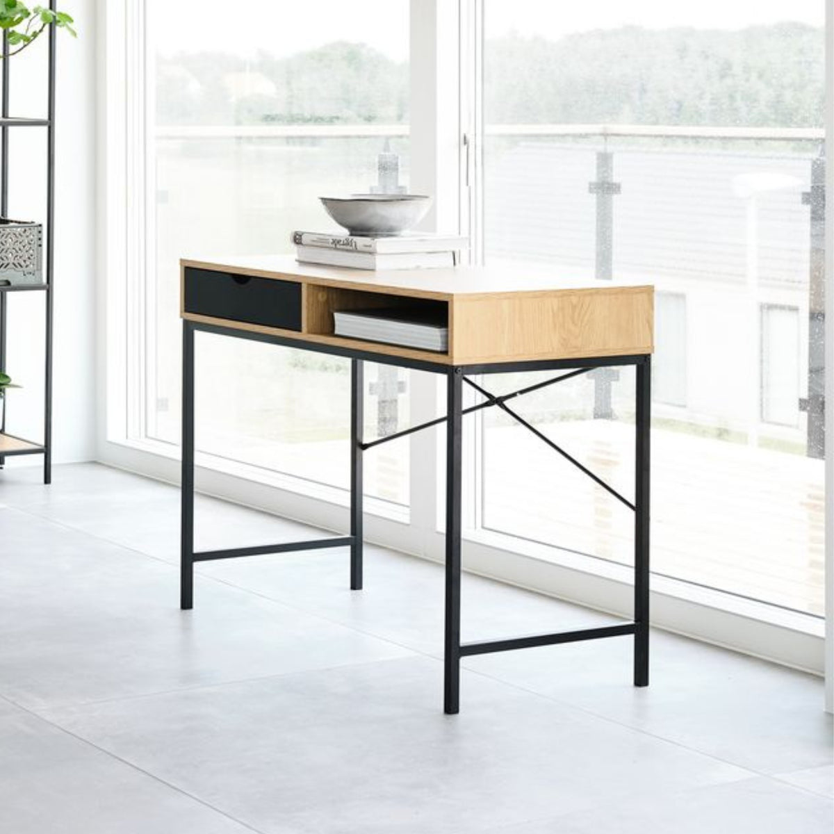 steelside home office desk with storage overlooking garden